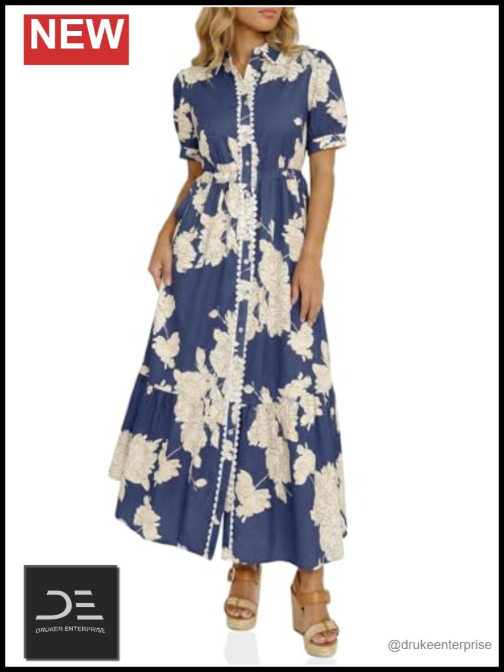 Womens Floral Maxi Shirt Dress Button Front Drawstring Waist Casual Summer